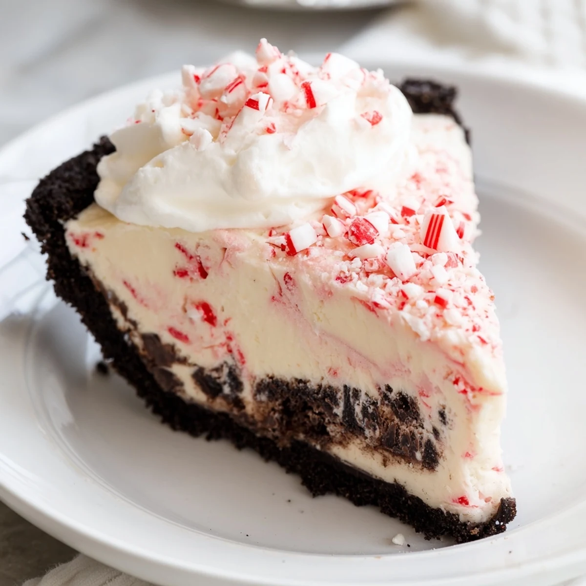 Festive Candy Cane Pie topped with whipped cream and crunchy peppermint bits
