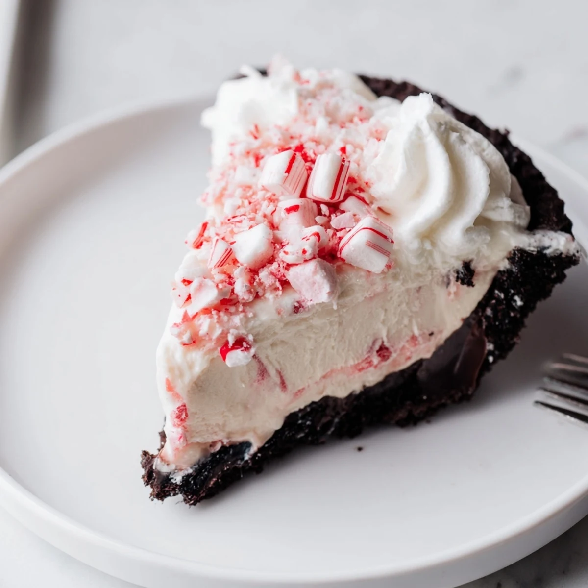 Sliced Candy Cane Pie chilled in pie dish, fluffy marshmallow pieces peeking