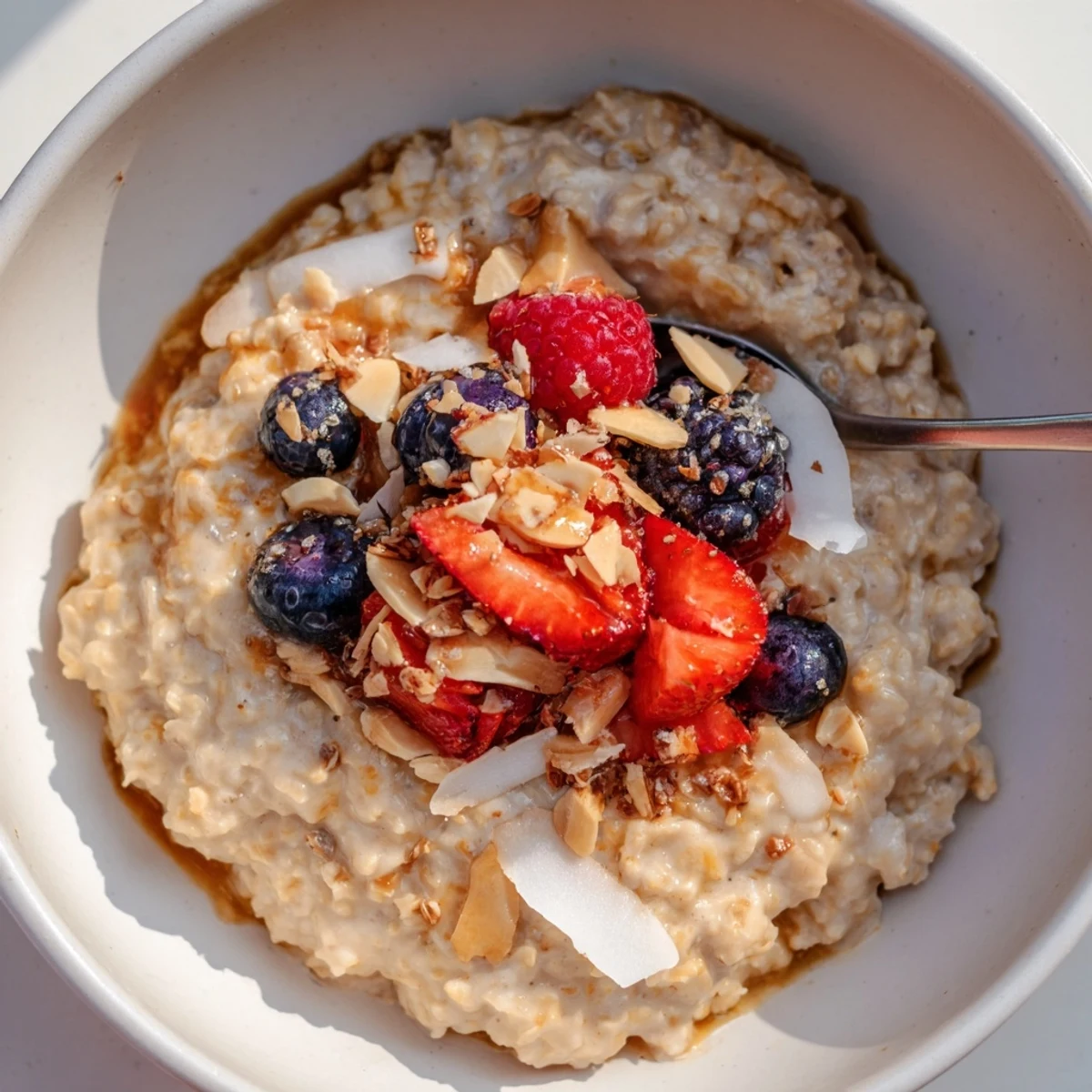 Healthy Coconut Cream Overnight Oats topped with juicy berries and toasted coconut