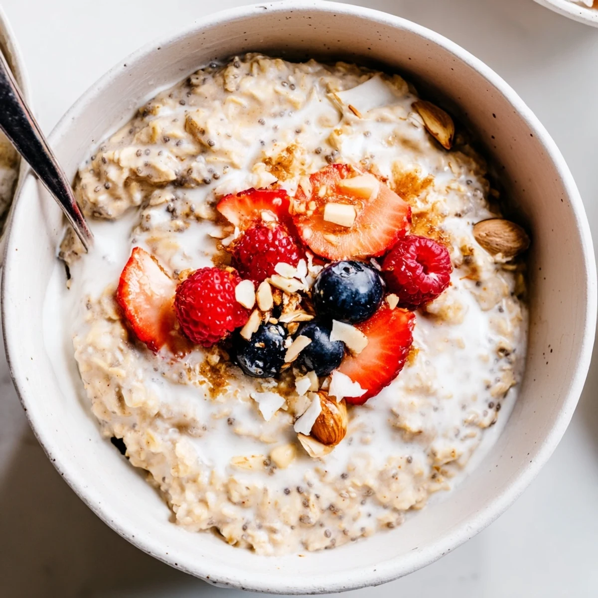Chilled Healthy Coconut Cream Overnight Oats in jars, creamy, smooth, ready to eat