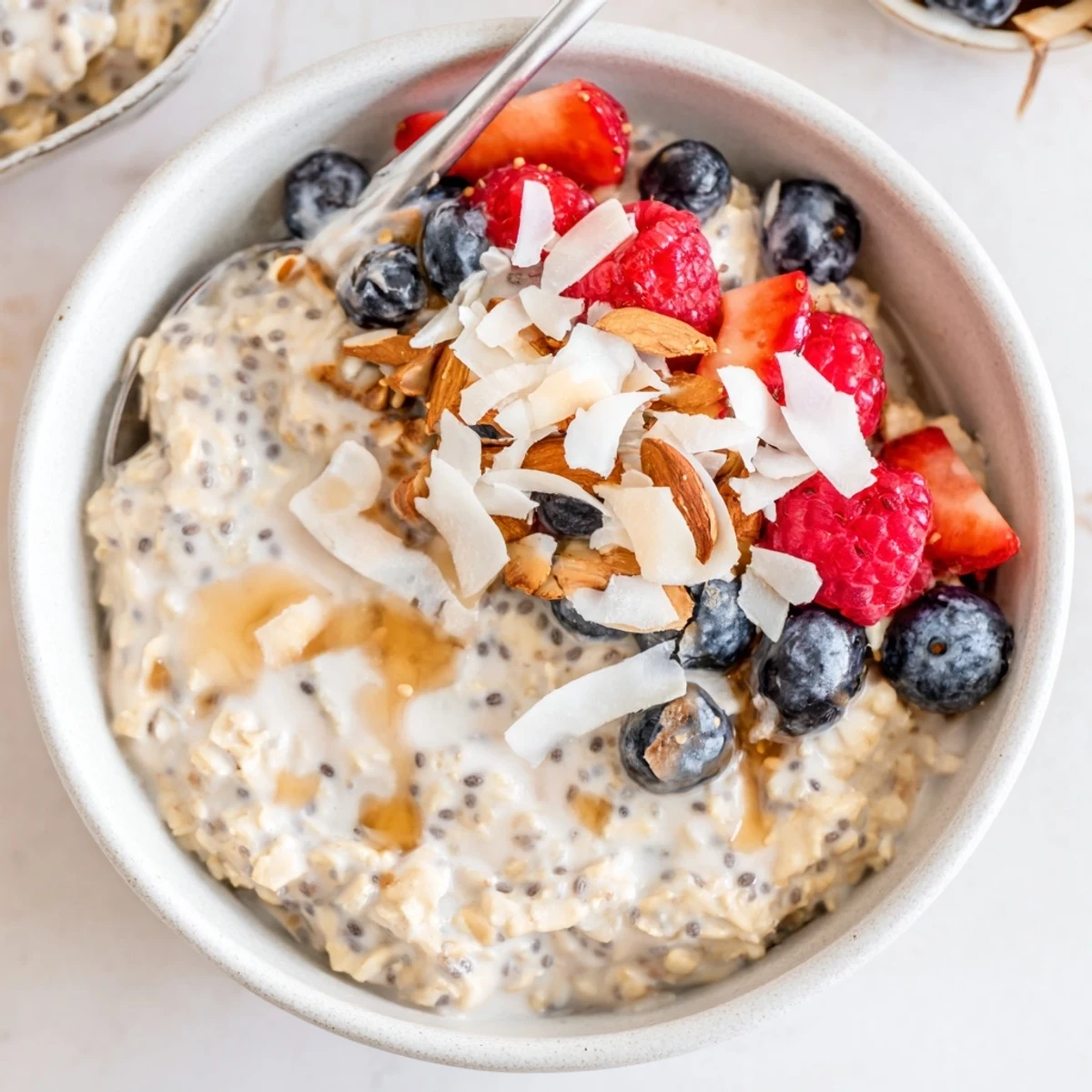 Layered Healthy Coconut Cream Overnight Oats in glass jar, nutty crunch, berry blush