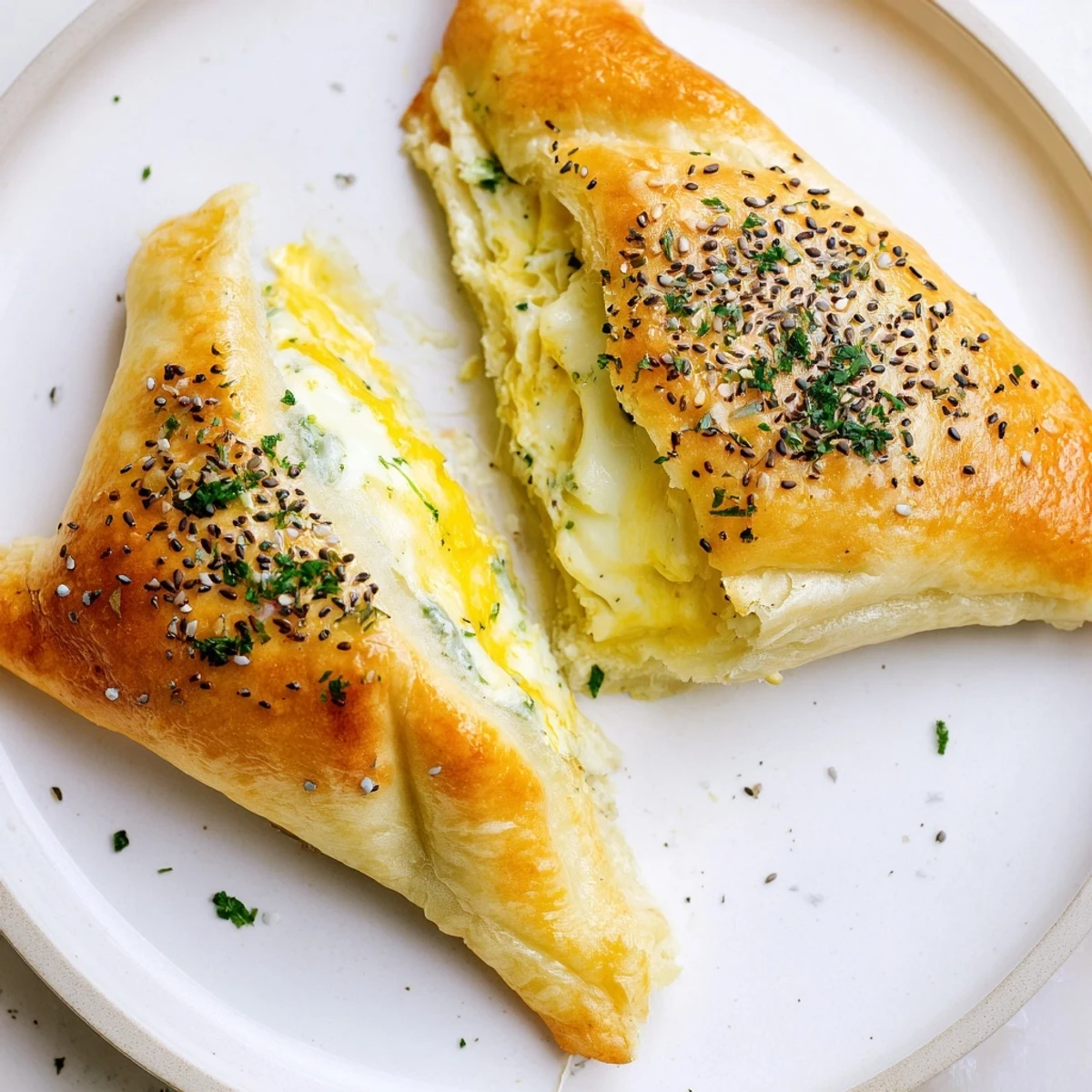 Hand holding Cheese Fatayer Recipe showing flaky crust, melted cheese inside.