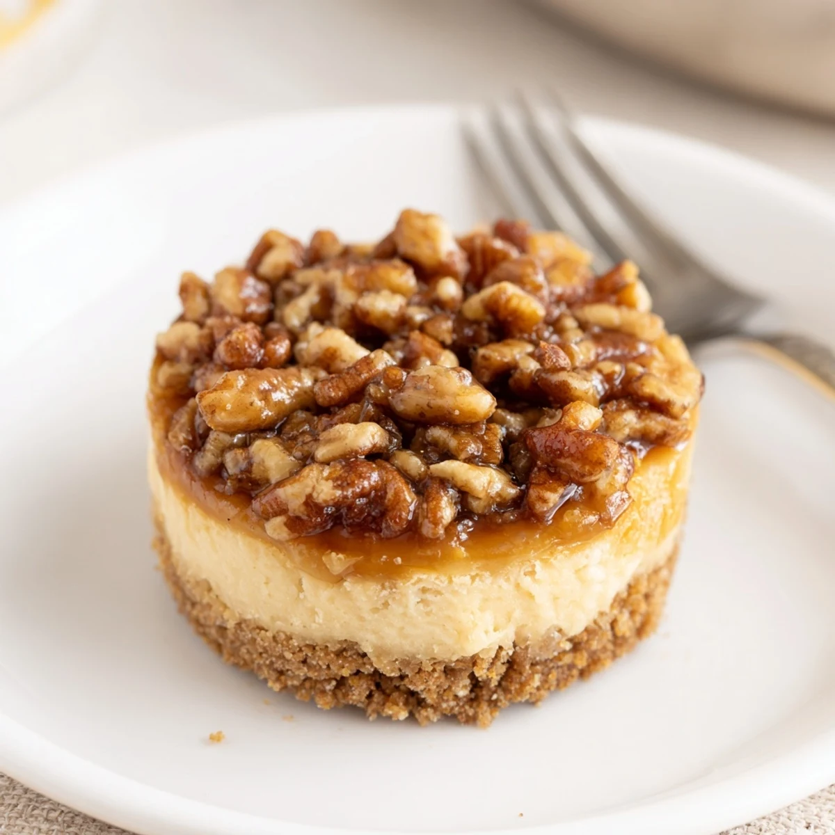 Chilled Mini Pecan Pie Cheesecakes topped with caramelized pecans and whipped cream.
