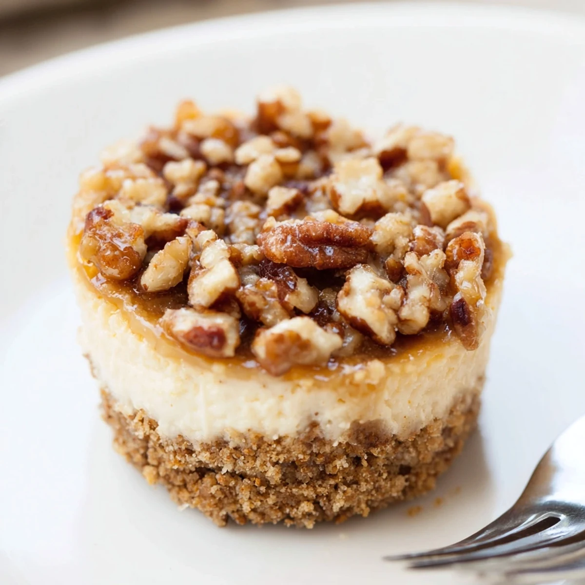 Mini Pecan Pie Cheesecakes with glossy pecan topping, buttery graham crust.