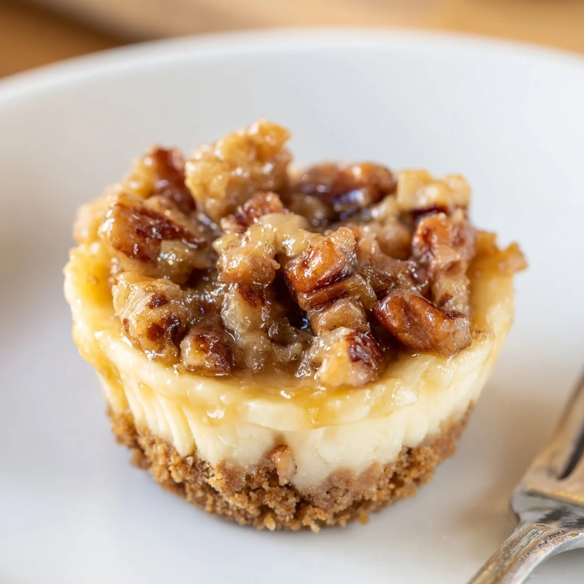 Bite-size Mini Pecan Pie Cheesecakes resting in liners, creamy center, crunchy pecans.