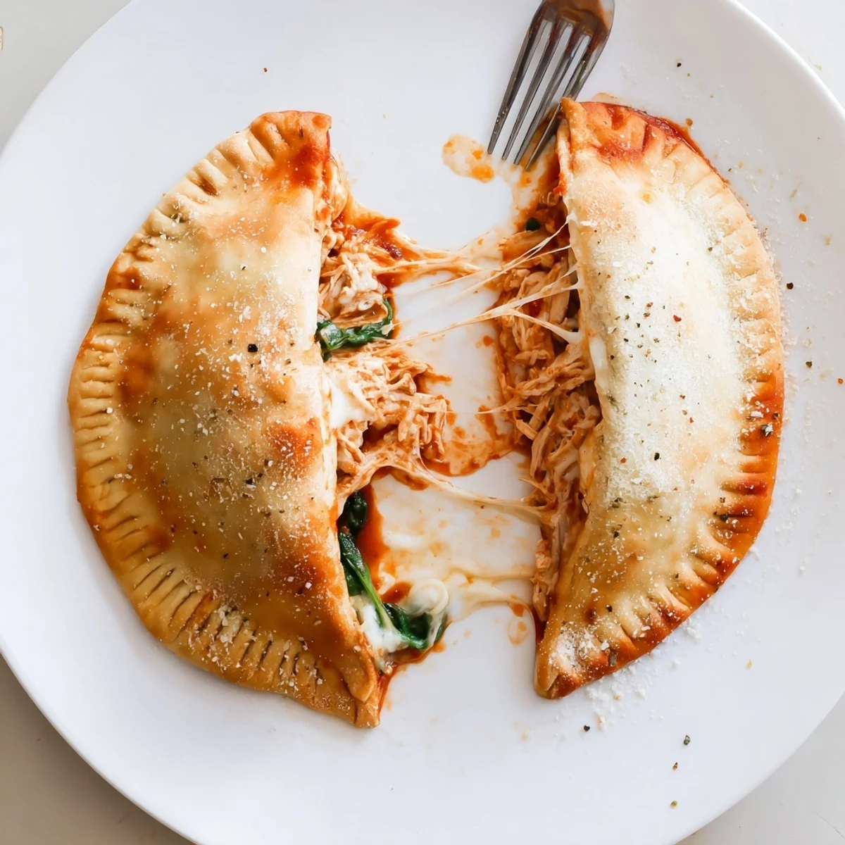 Crispy Cheesy Chicken Alfredo Air Fryer Calzones with golden crust, oozing cheese