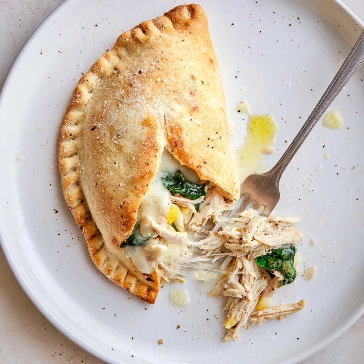 Golden, steaming Crispy Cheesy Chicken Alfredo Air Fryer Calzones filled with melted cheeses