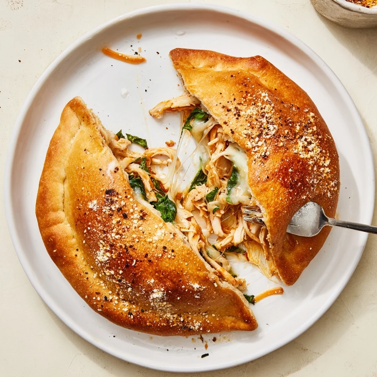 Warm Crispy Cheesy Chicken Alfredo Air Fryer Calzones served with creamy Alfredo dip