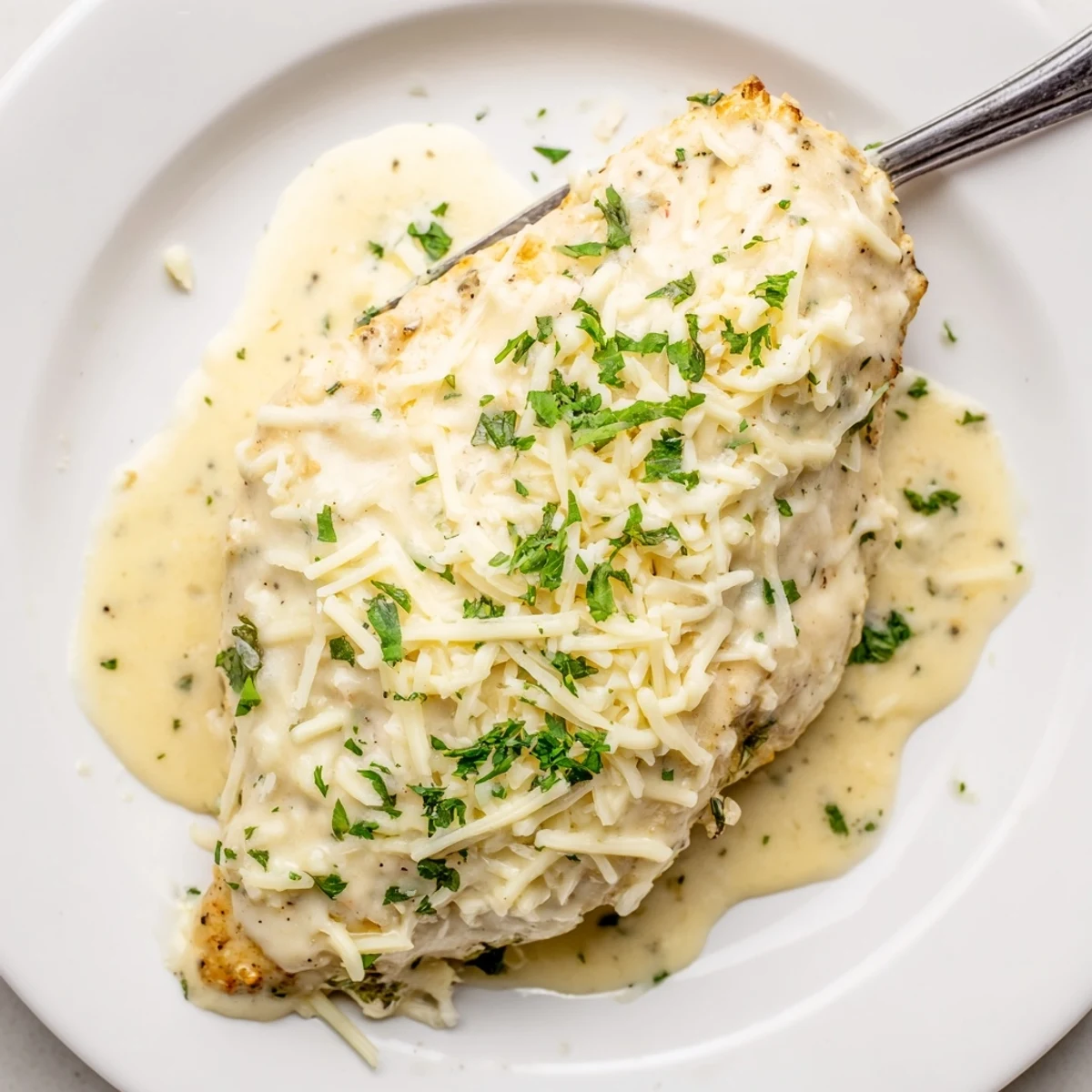 Caesar Chicken Recipe showing golden baked breasts in creamy parmesan sauce.