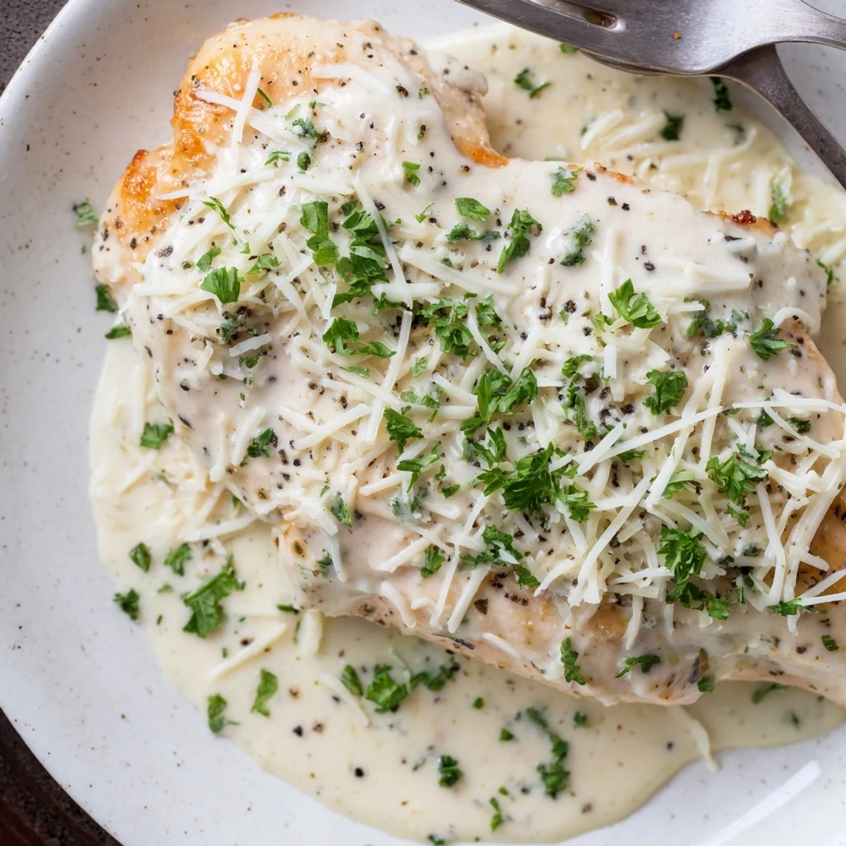 Oven-browned Caesar Chicken Recipe topped with melted parmesan, parsley, and crouton crunch.