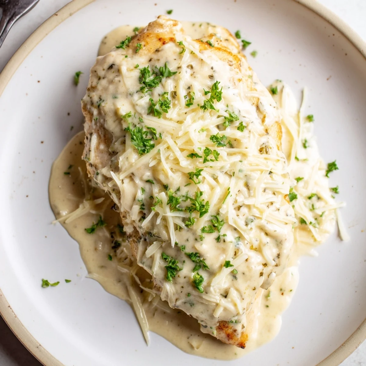Tender Caesar Chicken Recipe plated with roasted vegetables and bright lemon wedge.