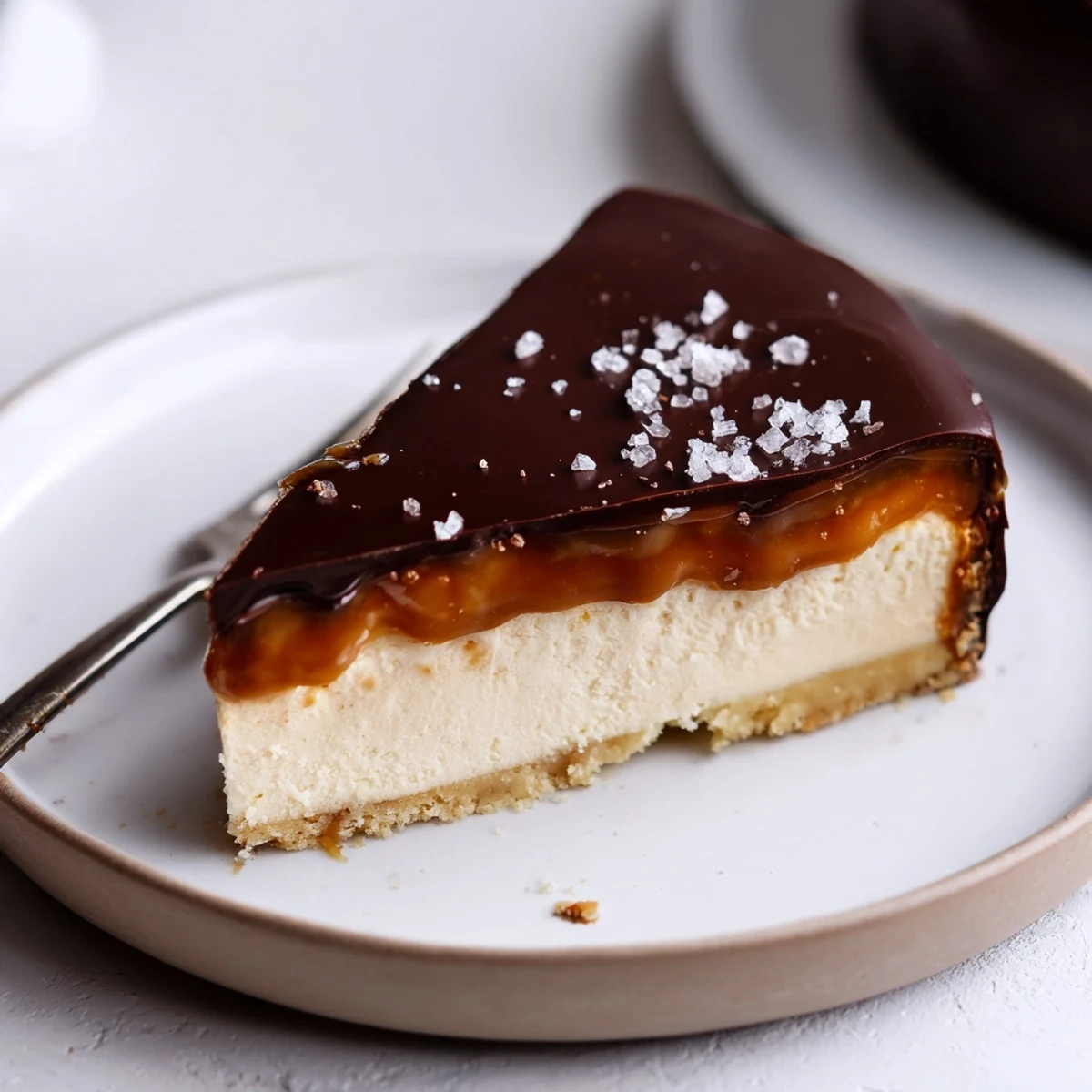 Luxurious Millionaire Cheesecake with glossy chocolate ganache, salted caramel gleaming on top
