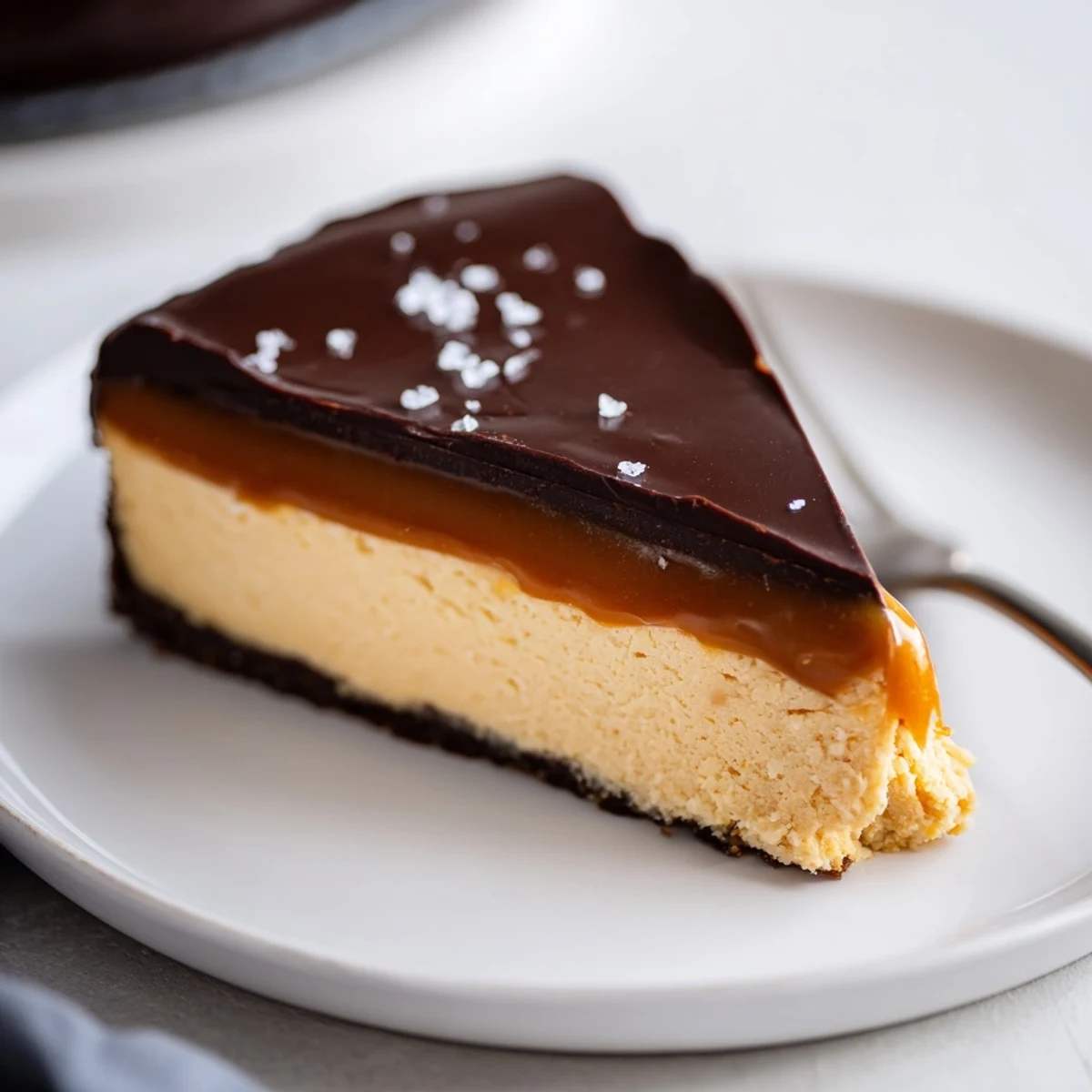 Forkful of Luxurious Millionaire Cheesecake, silky caramel layer and crunchy biscuit base
