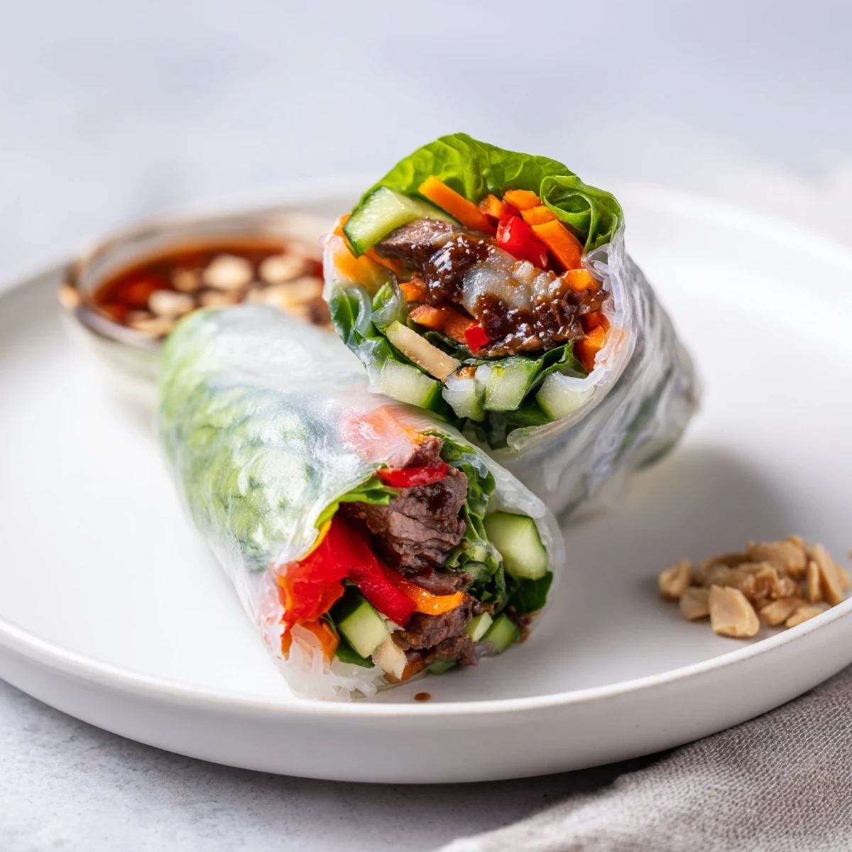 Thai Basil Beef Rolls arranged on plate, vibrant herbs and crunchy vegetables