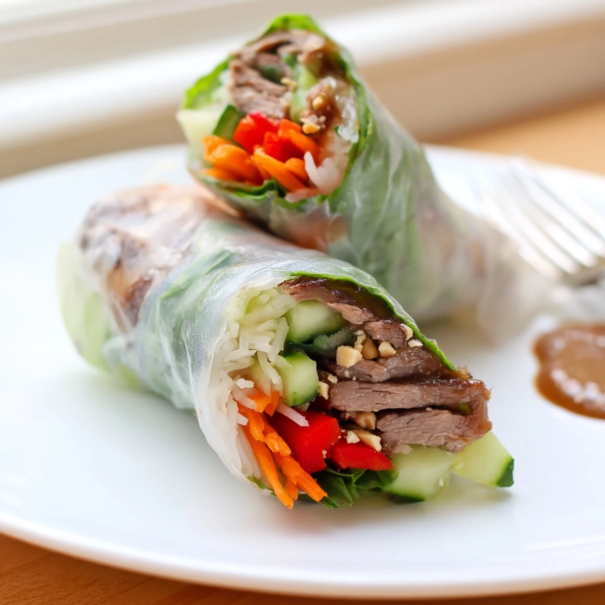 Fresh Thai Basil Beef Rolls steaming slightly, tender beef and lime-scented sauce