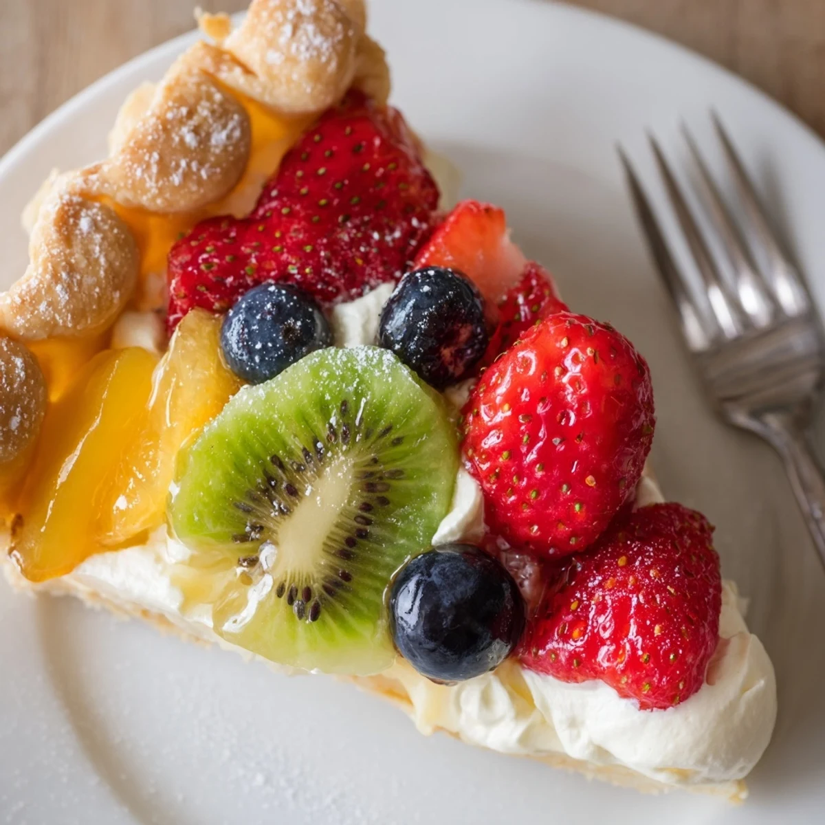 Sliced Fruit Tart With Mascarpone chilling on counter, ready to serve with sparkling Moscato