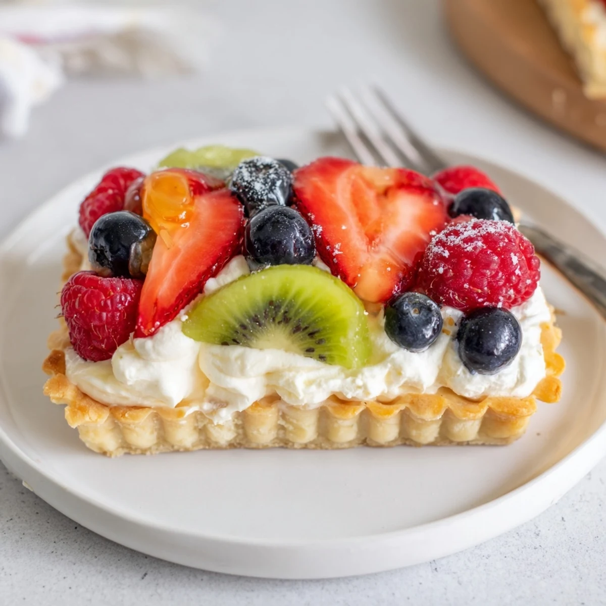 Fruit Tart With Mascarpone glistening with apricot glaze, vibrant berries and flaky crust