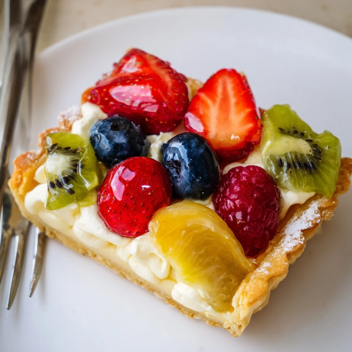 Bite-ready Fruit Tart With Mascarpone on wooden board, creamy filling and zesty lemon