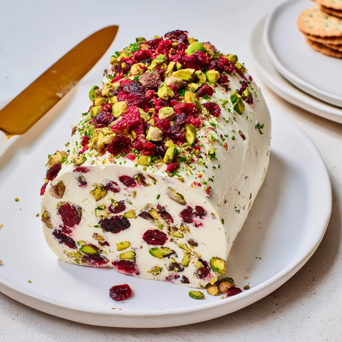 Cranberry Pistachio Cheese Log on a wooden board, creamy, tangy, studded bites