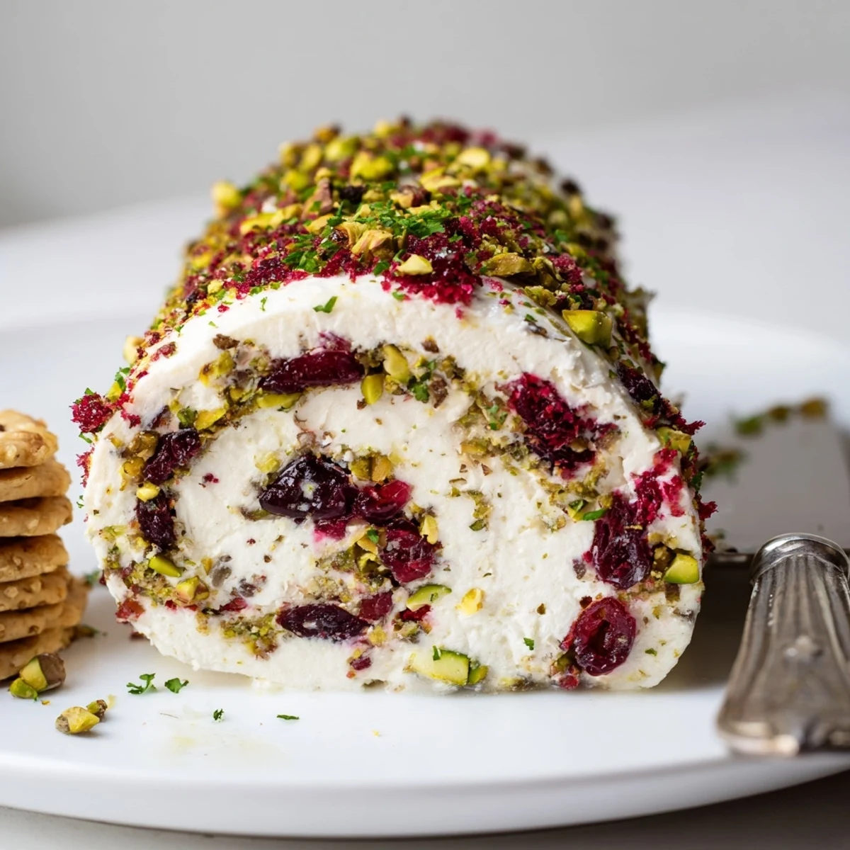 Sliced Cranberry Pistachio Cheese Log with crackers, tangy, sweet, crunchy contrast
