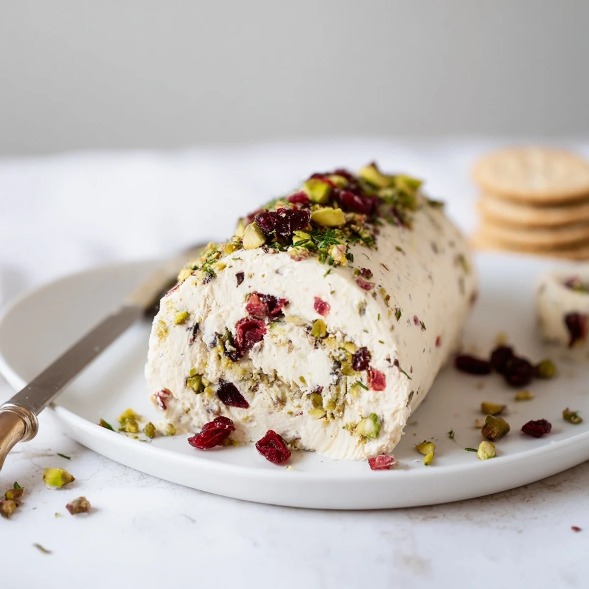 Make Cranberry Pistachio Cheese Log ahead, chilled, rolled in pistachio and cranberry coating