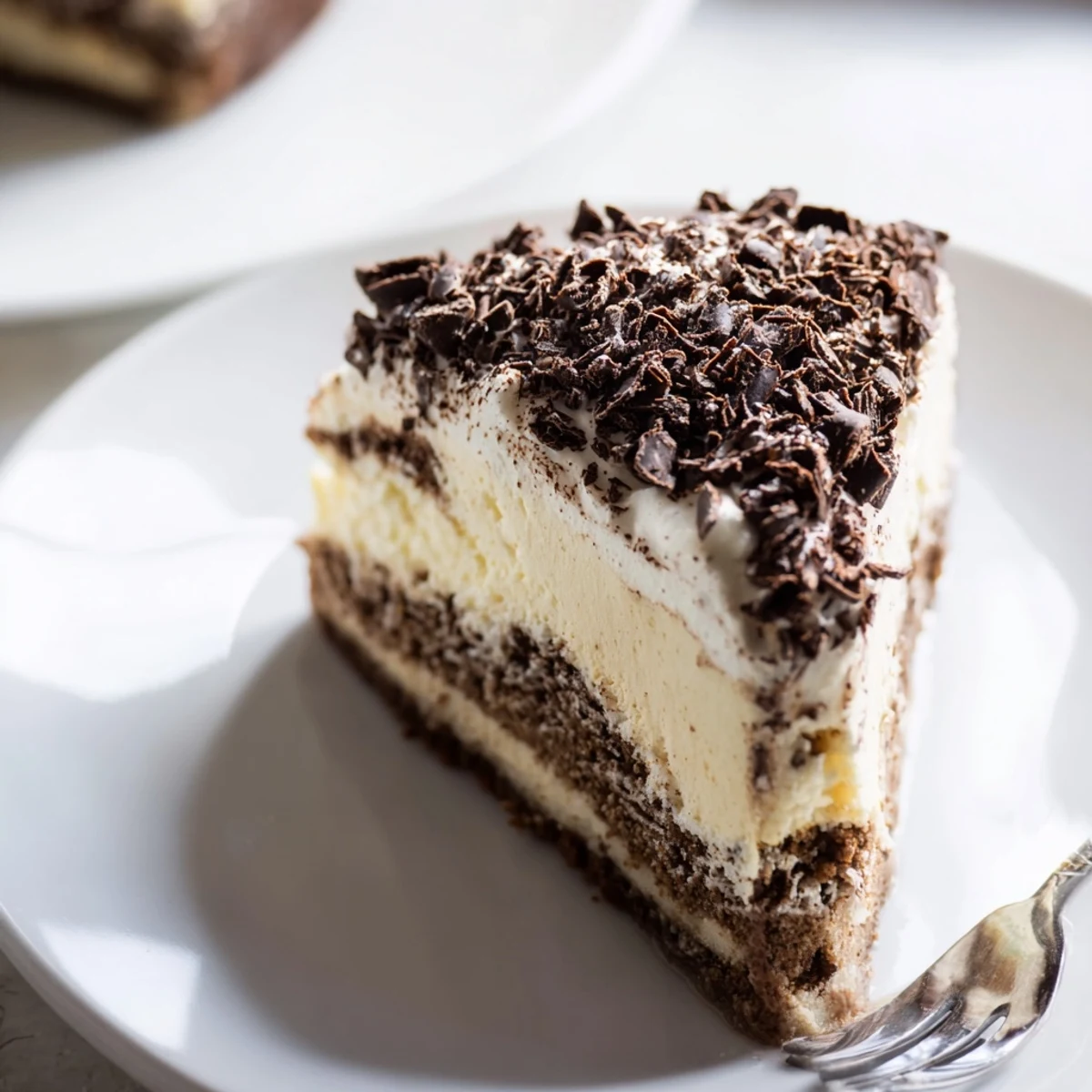 A slice of Decadent Creamy Coffee Infused Tiramisu Cheesecake drizzled with coffee soak