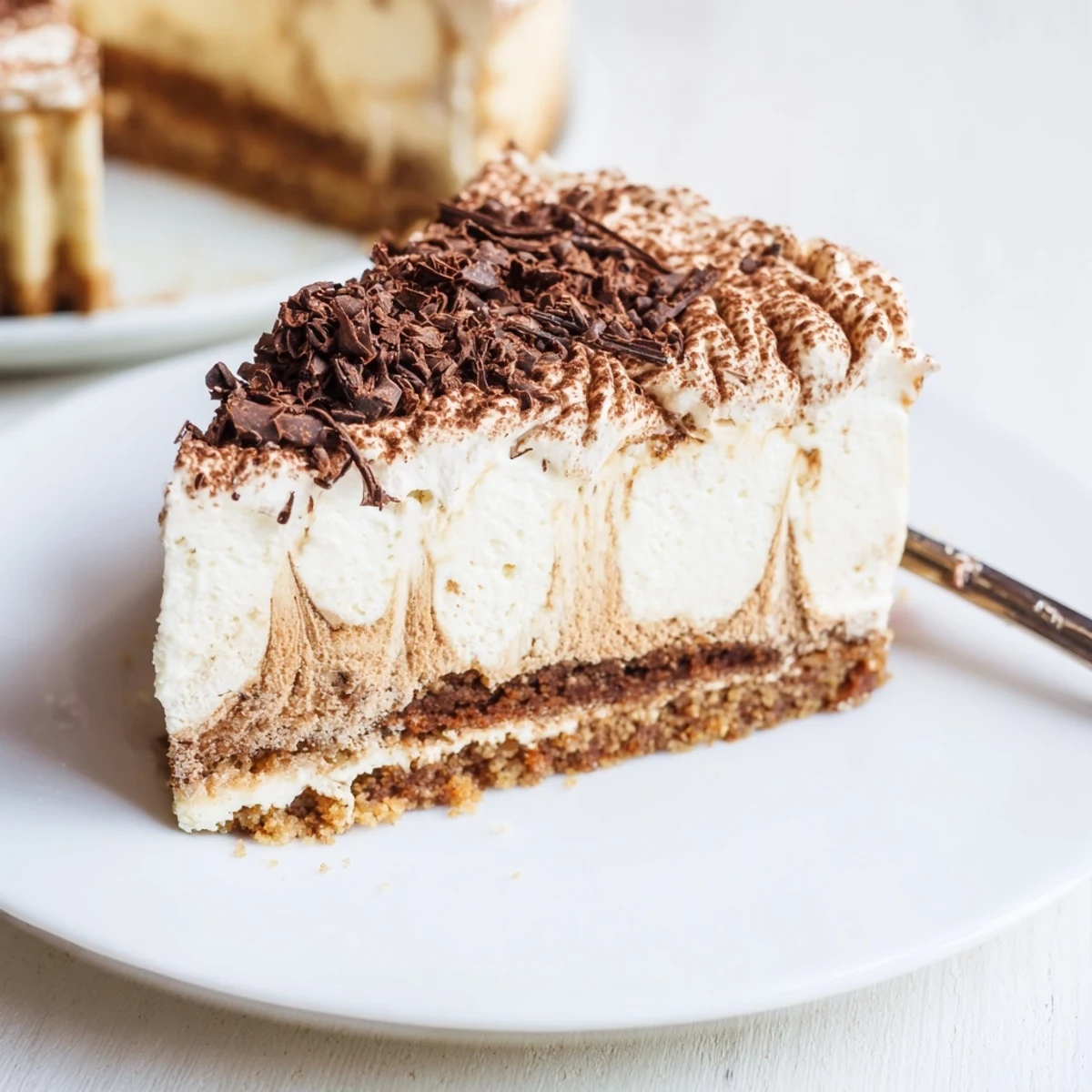 Decadent Creamy Coffee Infused Tiramisu Cheesecake served chilled with chocolate shavings, espresso