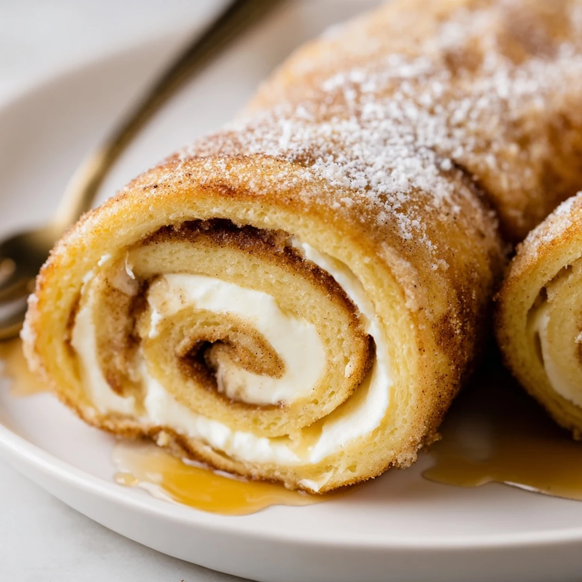 Golden brown Cinnamon Roll French Toast Roll Ups showing cinnamon swirl, served warm.