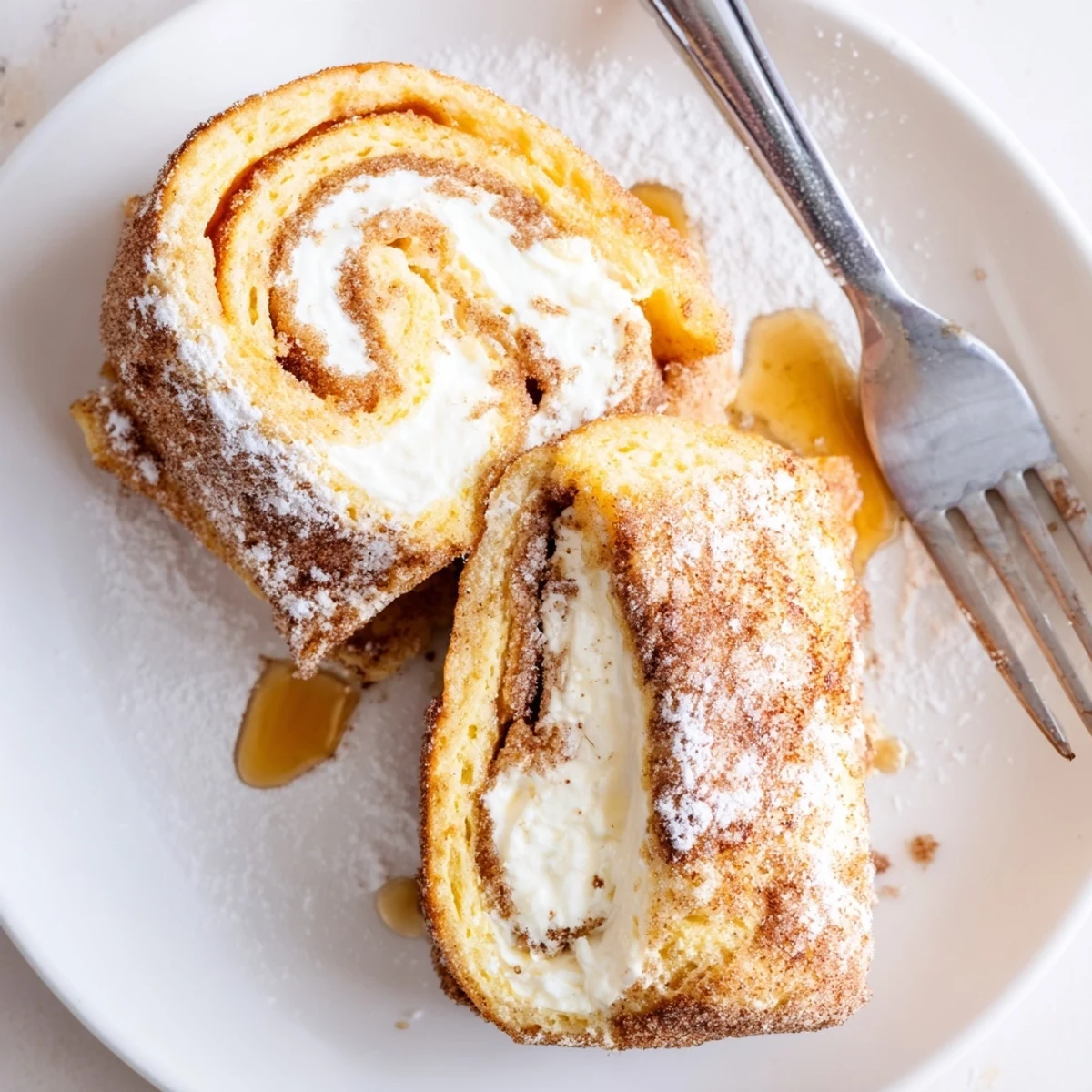 Stacked Cinnamon Roll French Toast Roll Ups on plate, buttery edges and maple drizzle.