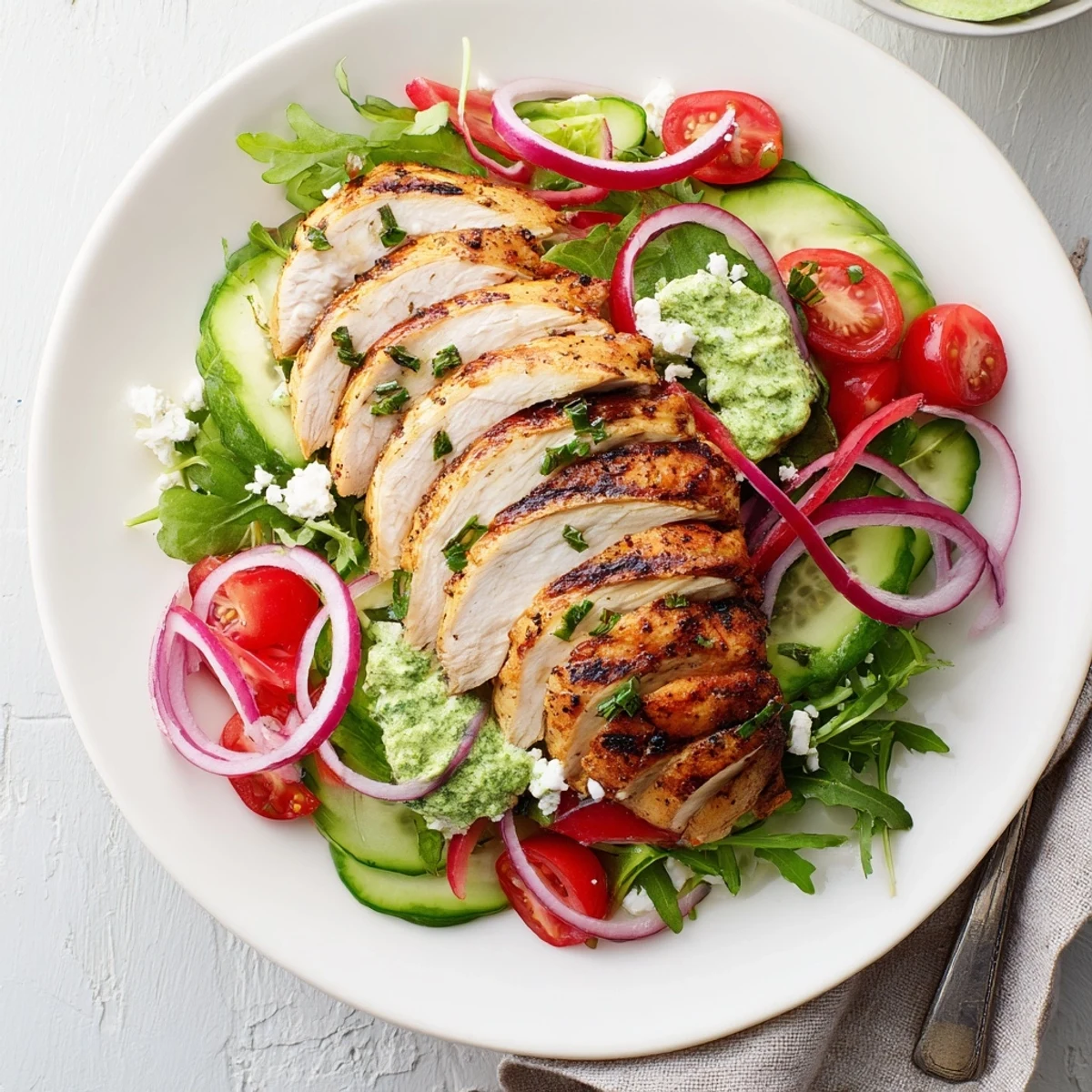 Bright, tangy Grilled Chicken Salad Avocado Herb Dressing Recipe served over crunchy mixed greens