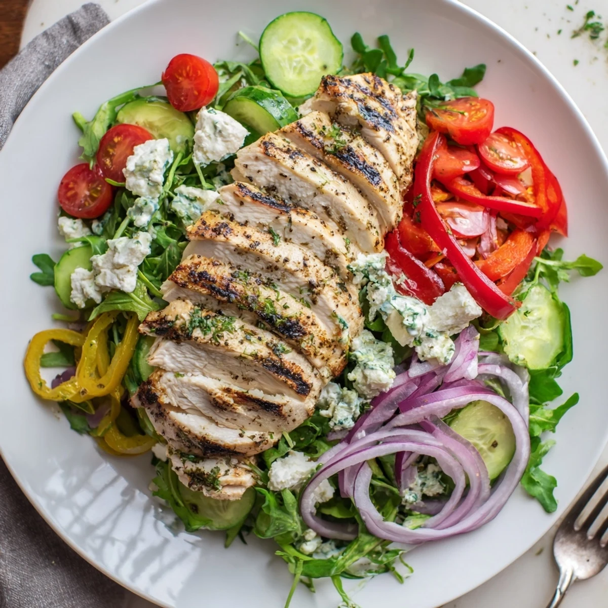 Weeknight-ready Grilled Chicken Salad Avocado Herb Dressing Recipe drizzled with creamy lime dressing