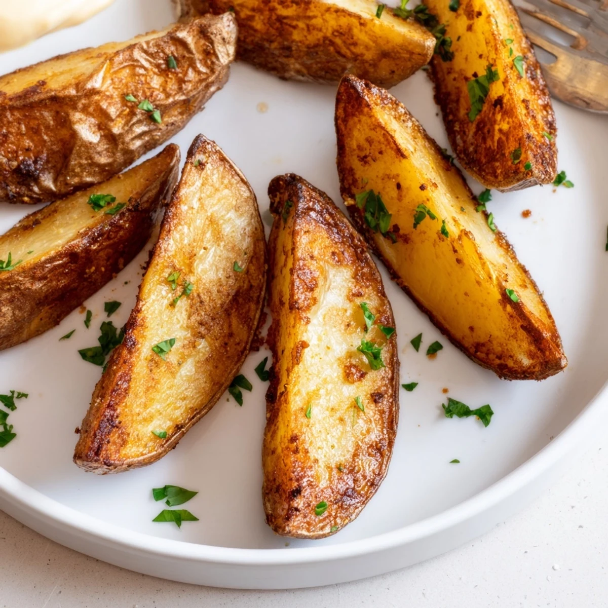 Oven-baked Potato Wedges golden and crisp, seasoned with paprika and garlic.