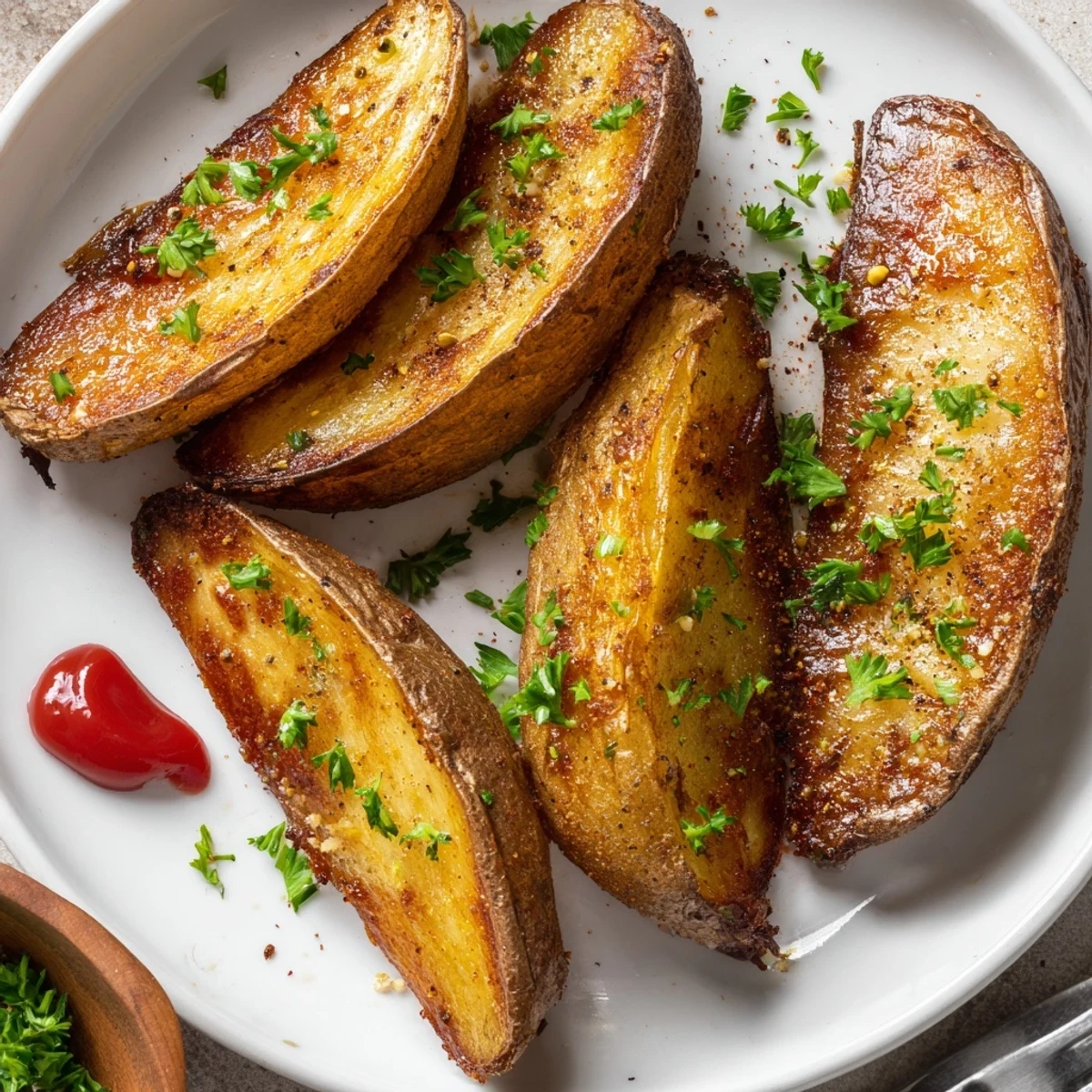 Seasoned Potato Wedges with fluffy centers, served hot alongside ketchup dip.