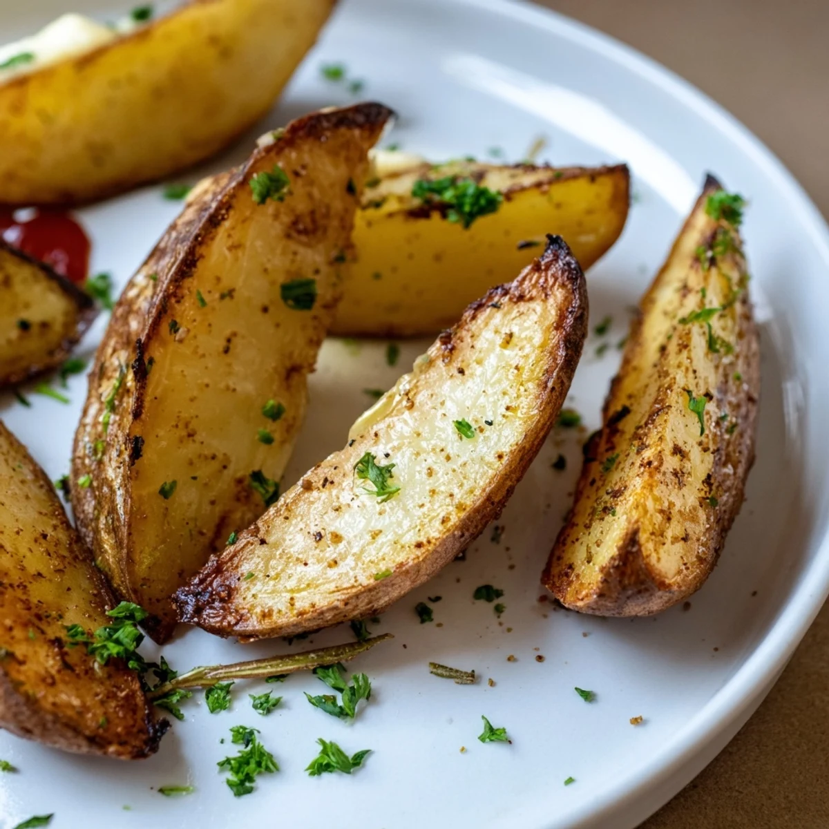 Crispy Potato Wedges piled on a sheet pan, sprinkled with fresh parsley.