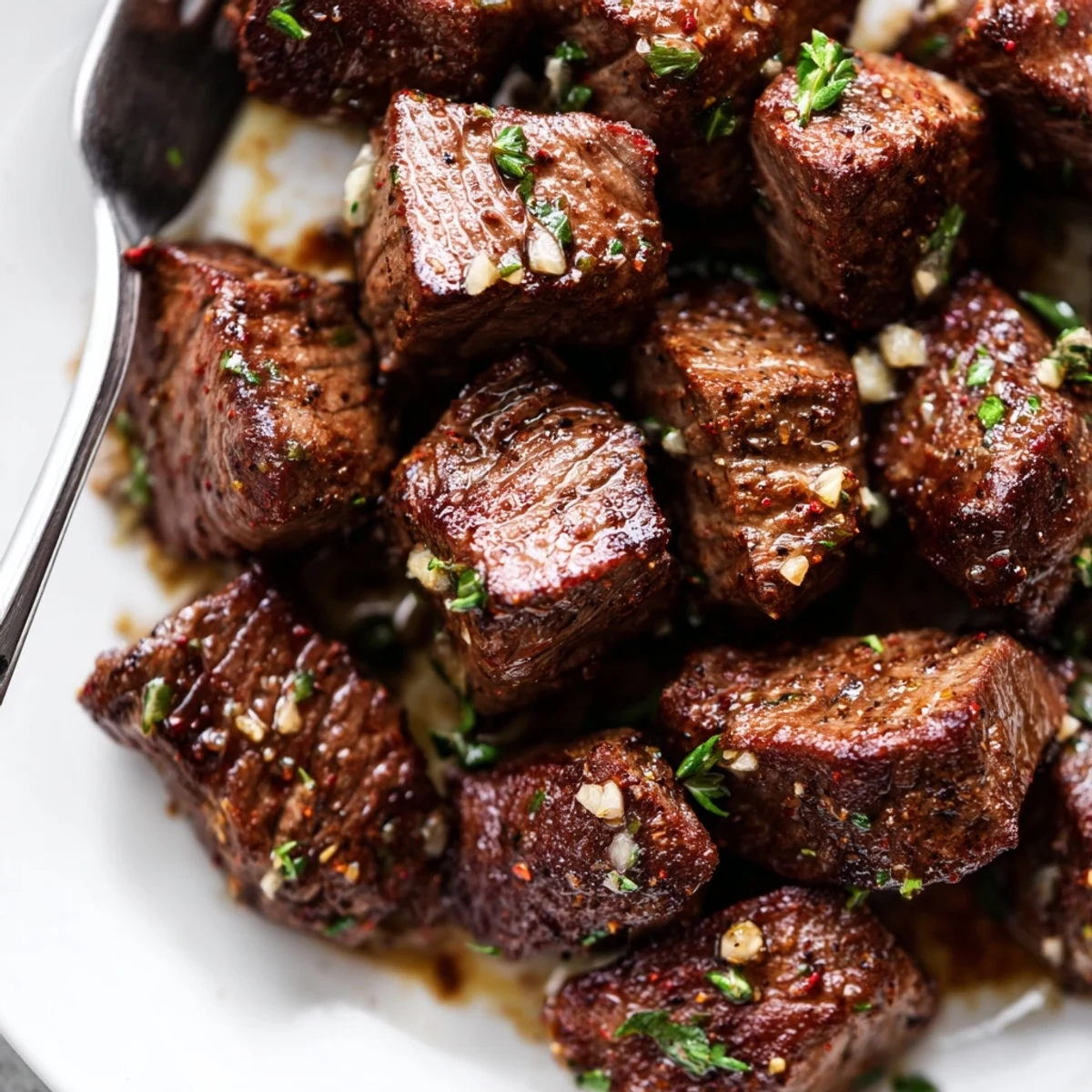 Garlic Butter Steak Bites sizzling in a cast-iron skillet, glossy butter coating
