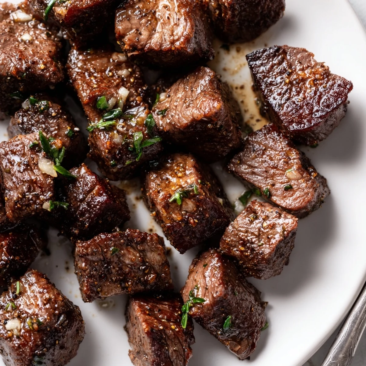Pan-seared Garlic Butter Steak Bites piled on mashed potatoes, fragrant parsley sprinkle