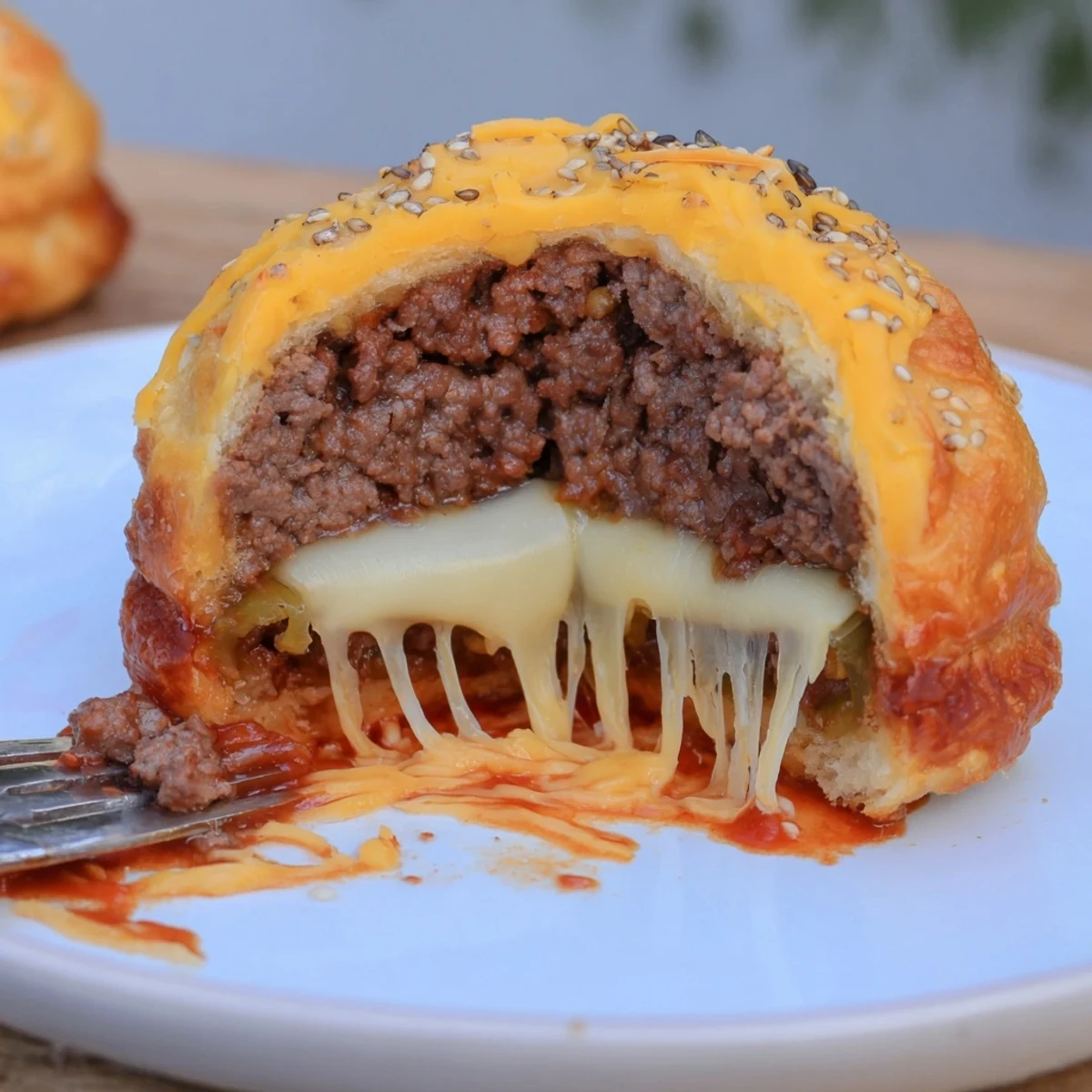 Tray of freshly baked Cheesy Cheeseburger Bombs Explosion Recipe, sesame-topped, steamy centers