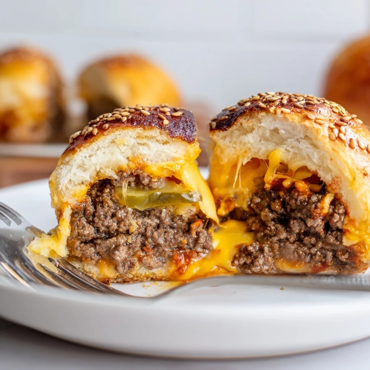 Hand-held Cheesy Cheeseburger Bombs Explosion Recipe split open, gooey mozzarella and sauce