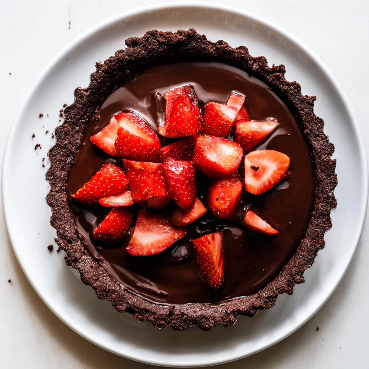 Dark Chocolate Strawberry Tart Recipe on a chilled plate, glossy strawberries glistening