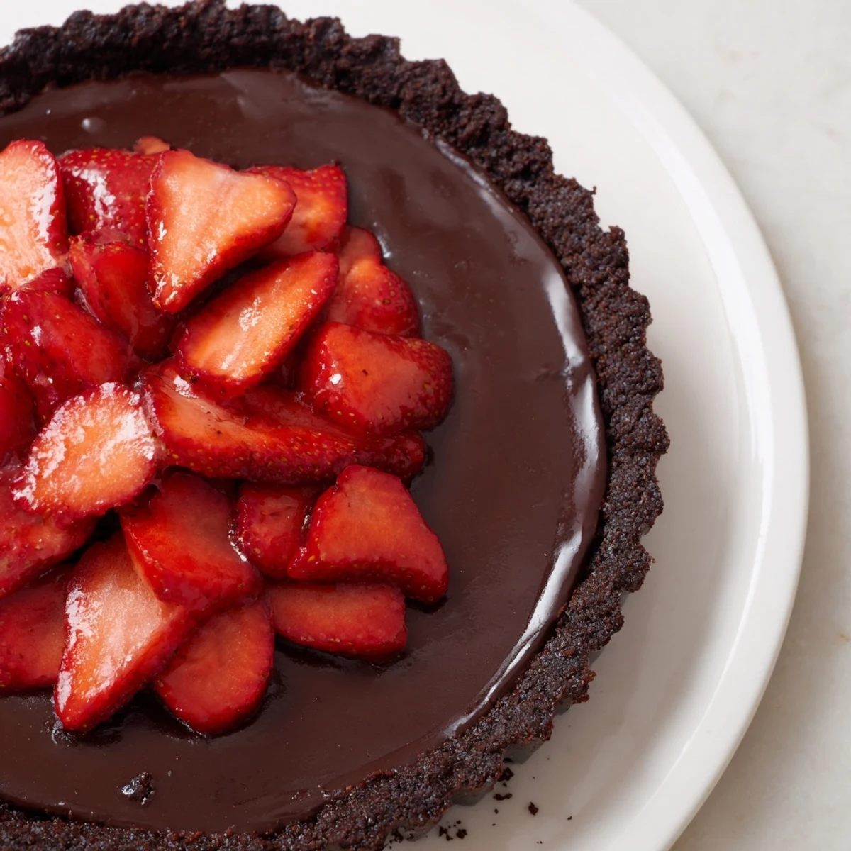 Dark Chocolate Strawberry Tart Recipe with silky ganache and halved strawberries arranged