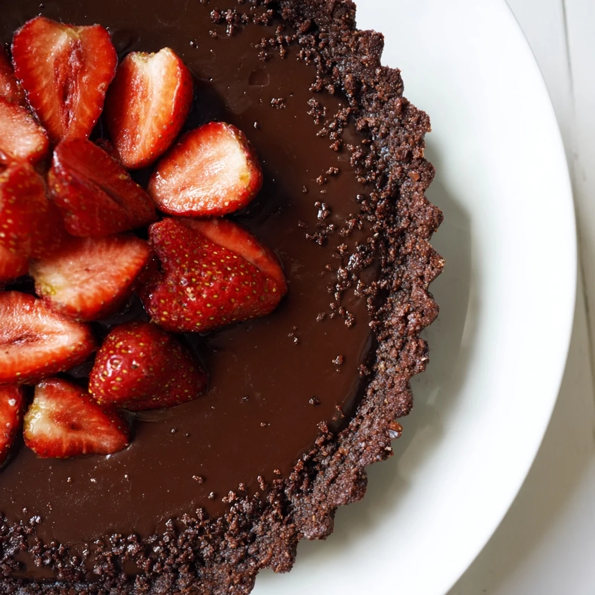 Dark Chocolate Strawberry Tart Recipe sliced on board, crisp crust and rich ganache