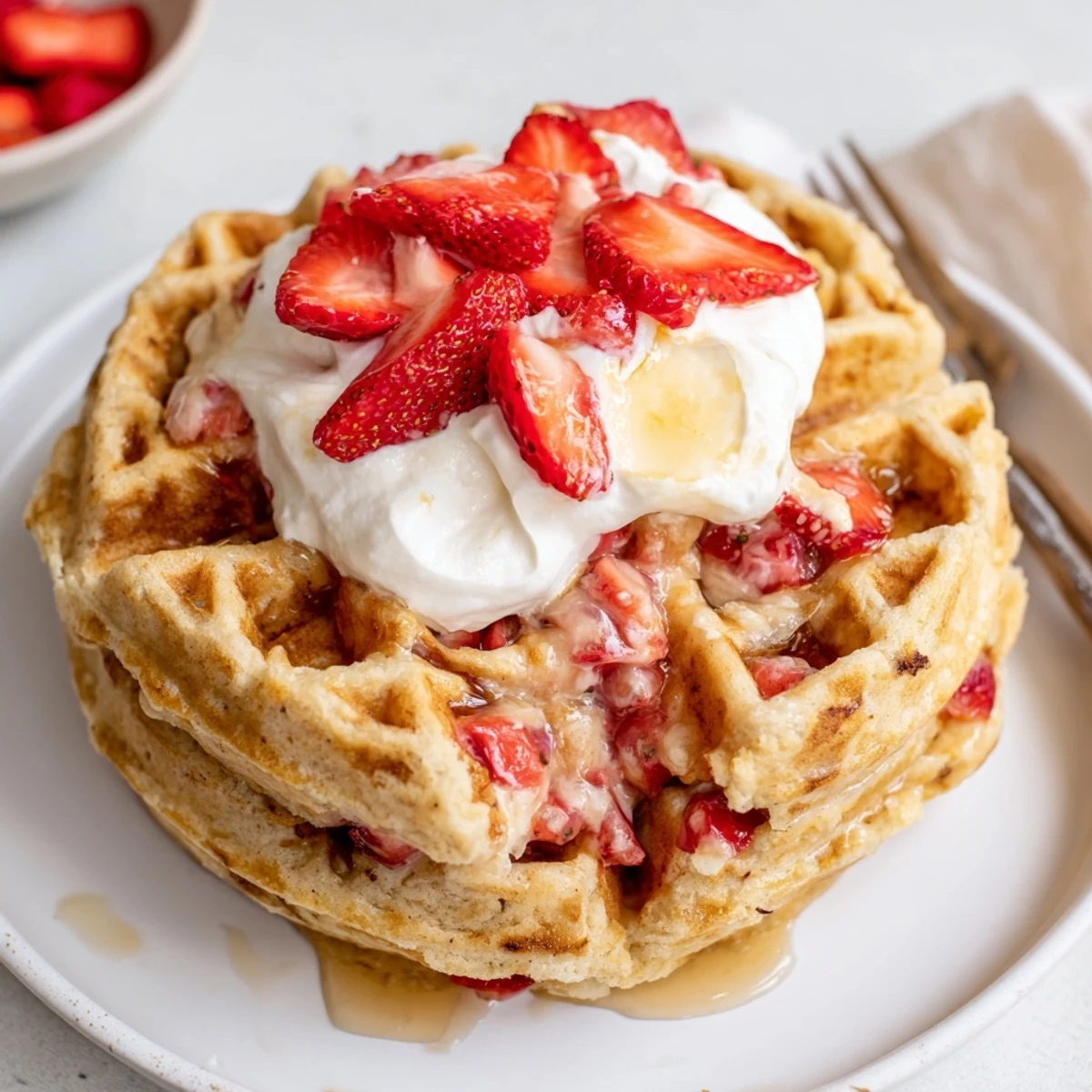 Strawberry Waffles Recipe: golden, fluffy waffles studded with diced strawberries and syrup
