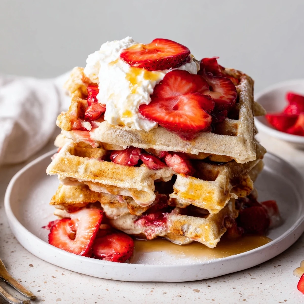 Homemade Strawberry Waffles Recipe with crispy edges, fluffy center and sliced strawberries