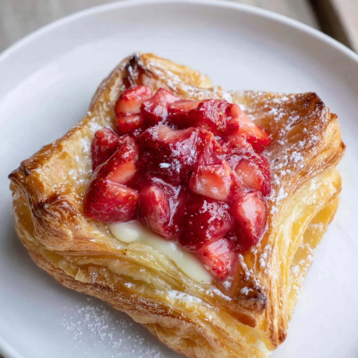 Golden, flaky Strawberry Danish Recipe with creamy cheese and glazed fresh strawberries