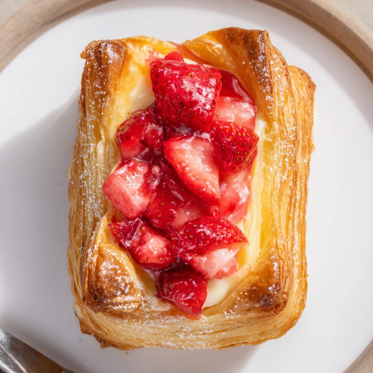 Warm Strawberry Danish Recipe resting on parchment, buttery layers and berry filling