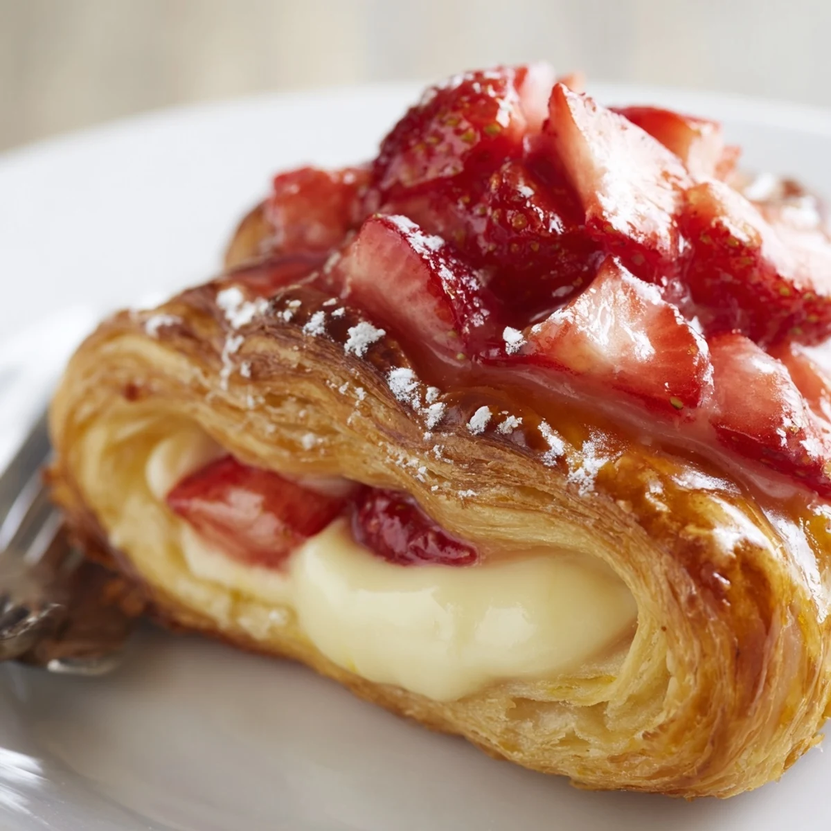 Freshly baked Strawberry Danish Recipe drizzled with vanilla glaze, bright lemon zest