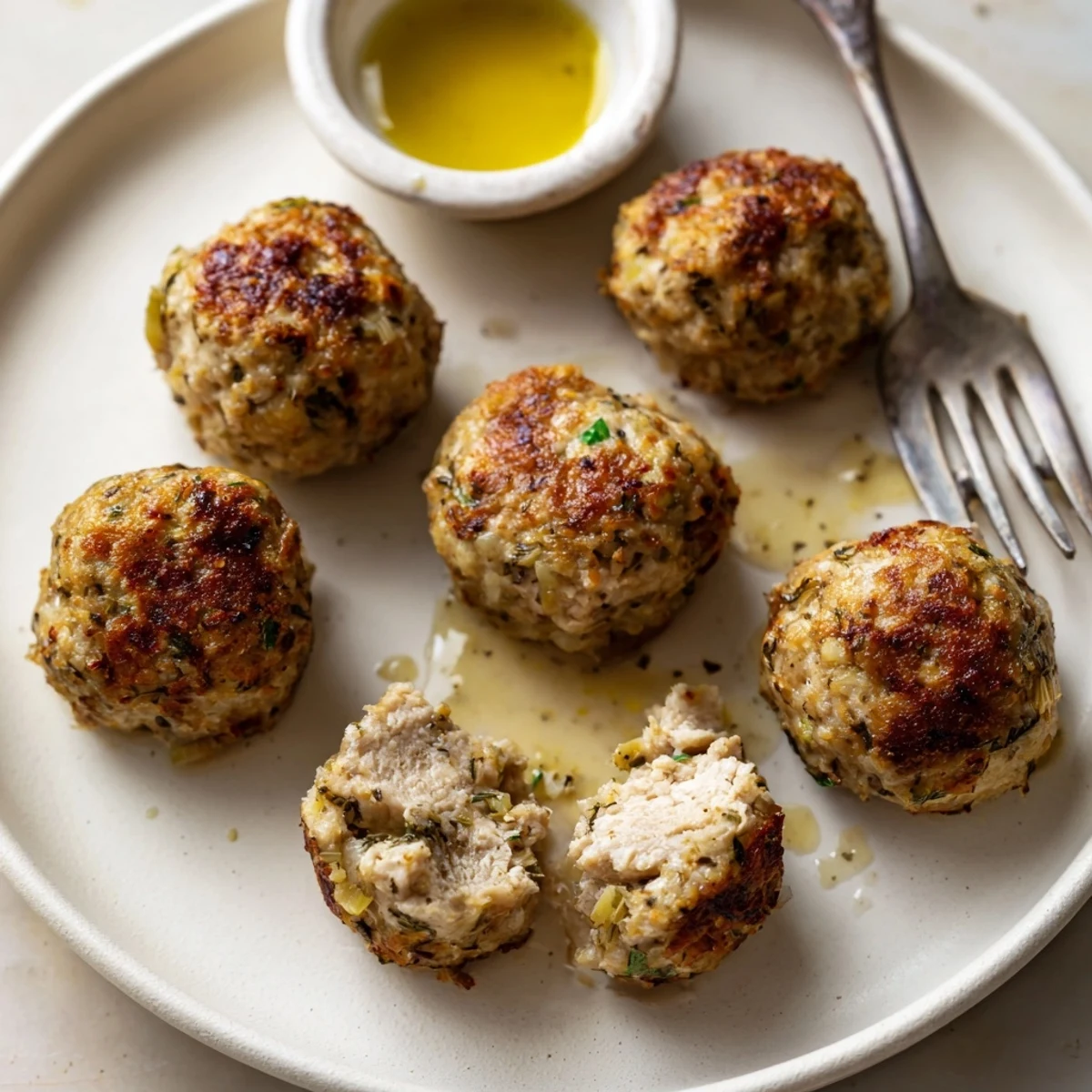 Sage Onion Chicken Balls, golden and crisp with savory sage and sweet onions.