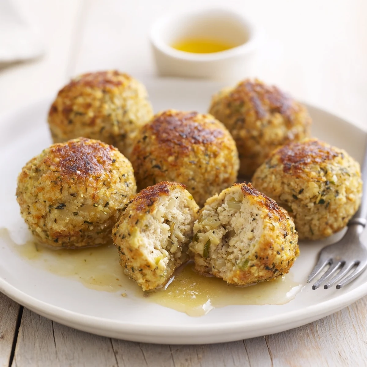 Juicy Sage Onion Chicken Balls steaming on plate, perfect with honey-mustard.