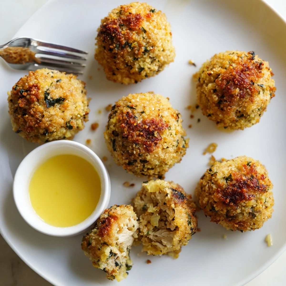 Tray of Sage Onion Chicken Balls brushed with olive oil, ready to serve.
