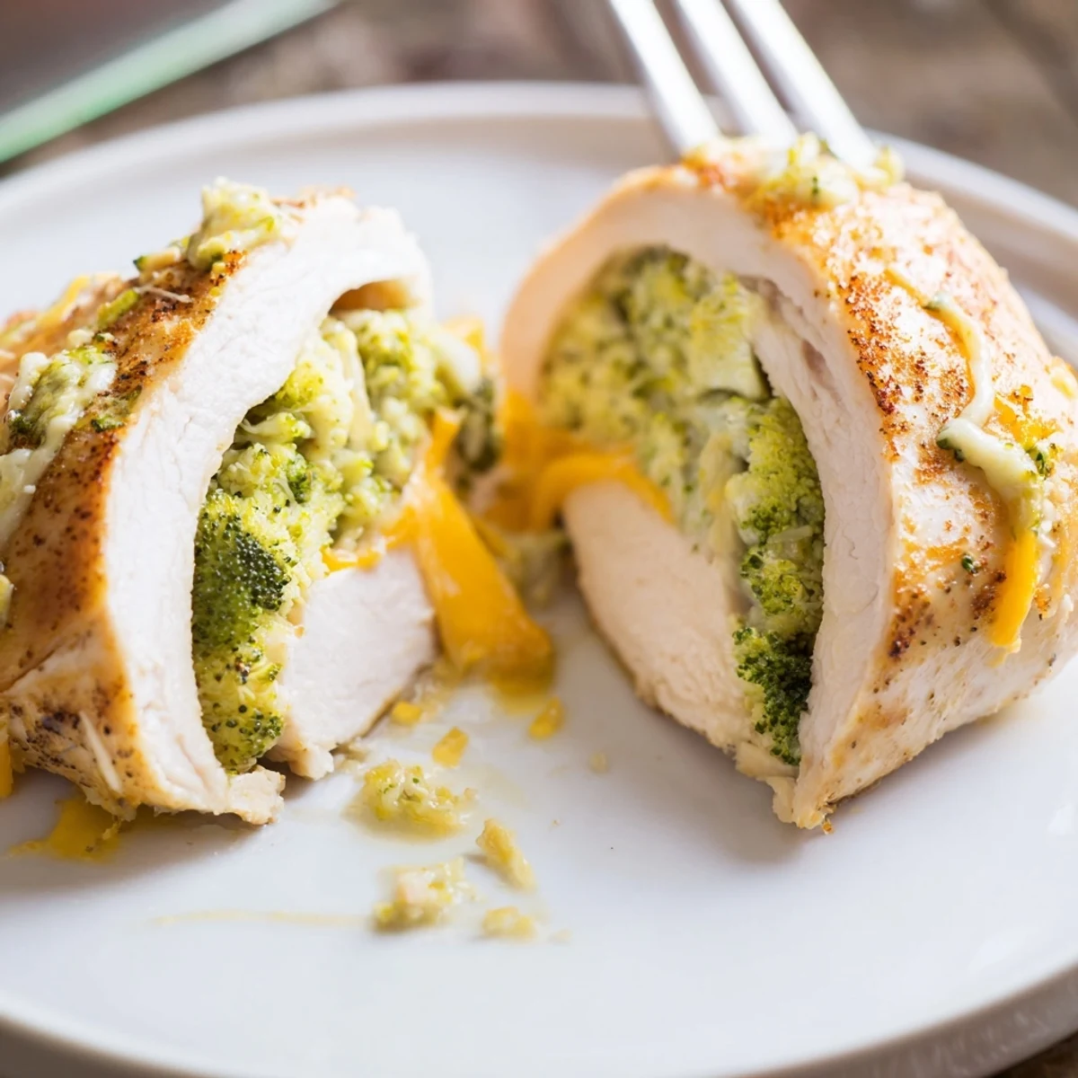 Golden Broccoli Cheese Stuffed Chicken Breast with bubbling cheddar, sliced, ready to serve
